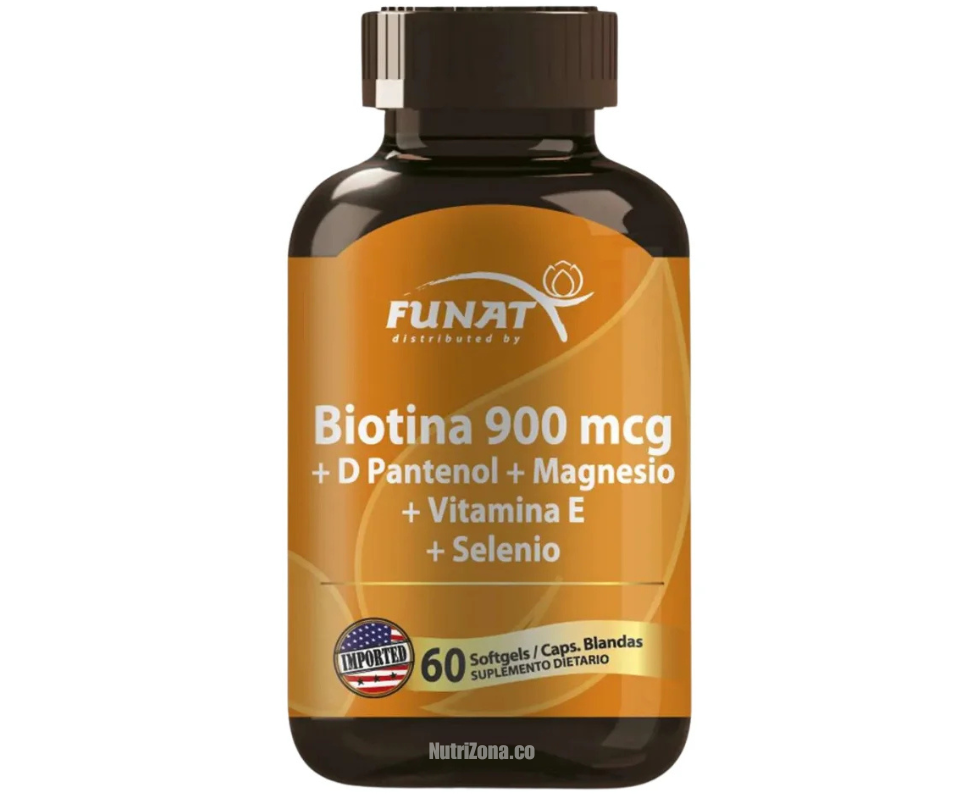 Biotina de 900 mcg con Pantenol, magnesio, vitamina E y Selenio de Funat 60 caps
